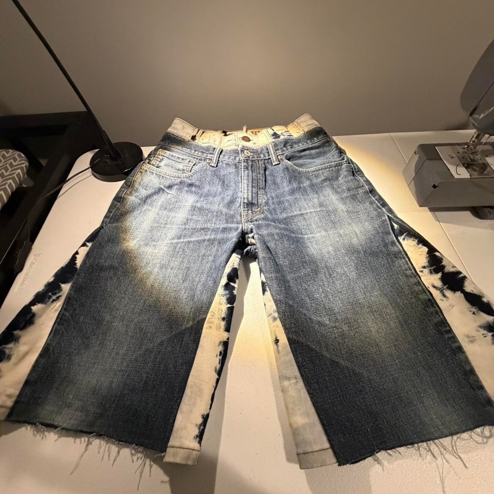 Handmade Upcycled 1 of 1 Y2K Wide Leg Denim Jorts Bleach Panel Raw Hem
